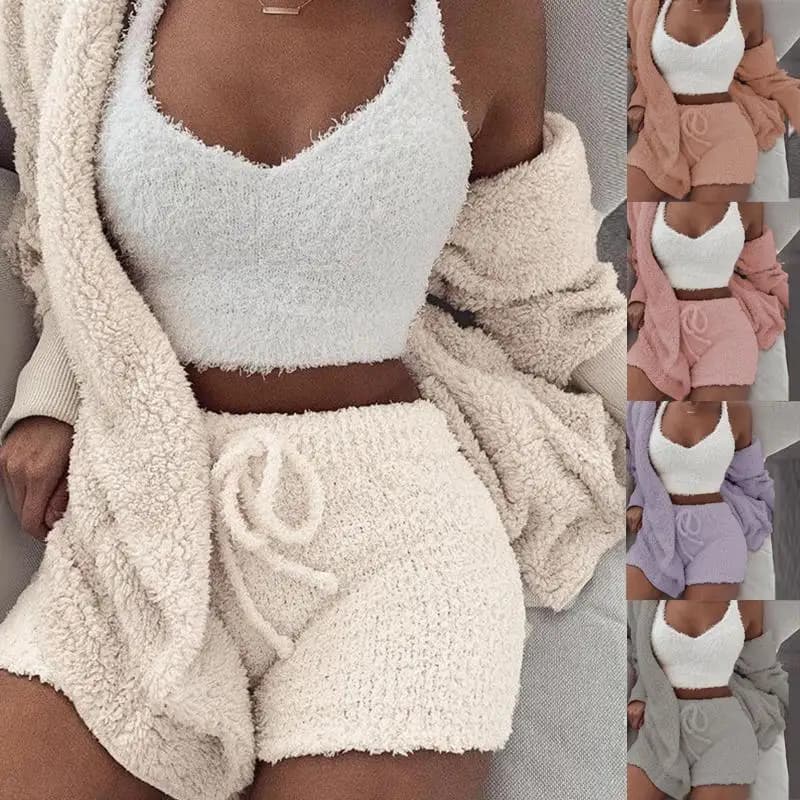 Ensembles de pyjama moelleux sexy pour femmes, survêtement 3 pièces, cardigan à capuche en peluche, manteau, haut court, short, vêtements de nuit décontractés, grande taille