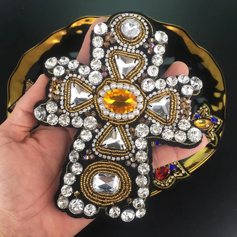 1 pièce de stickers en tissu faits main, motif croix, perles et cœur en cristal, accessoires pour sacs et chaussures