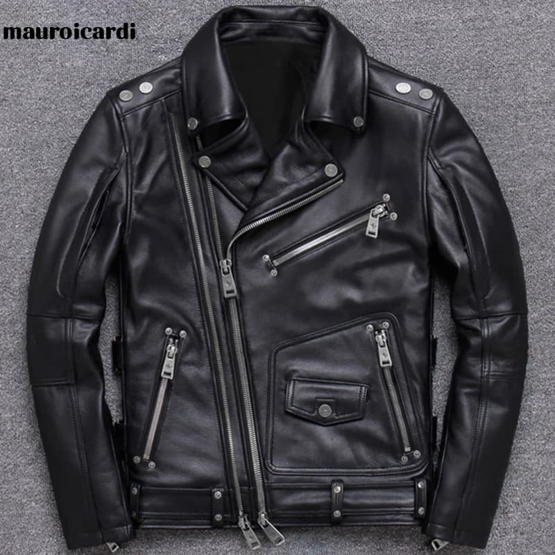 Mauroicardi Veste de moto en cuir PU noir pour homme, manches longues, poches zippées, style printemps