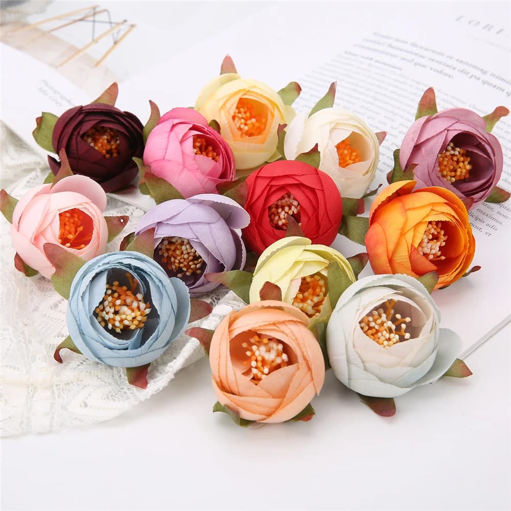 Roses de thé 4CM, 5/10 pièces, petites têtes de fleurs artificielles pour décoration de mariage, couronne de fleurs pour Scrapbooking, décoration de maison
