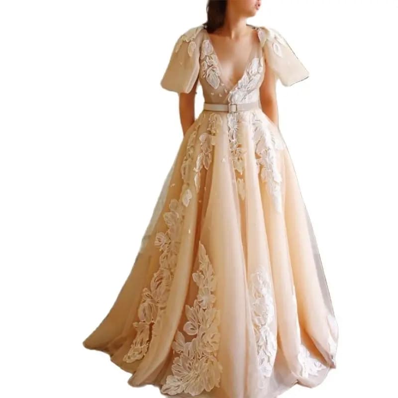 Robe de soirée de forme trapèze, tenue de soirée élégante, avec des appliques, avec ceinture, col en V, manches cape, Robe longue de bal, personnalisée