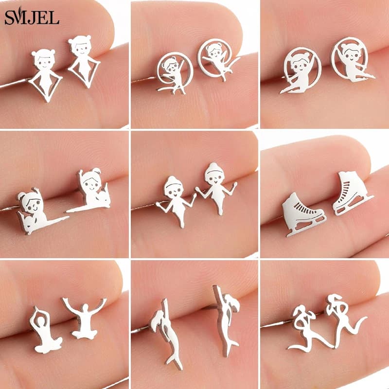 Boucles d'oreilles de sport multiples pour femmes et filles, en acier inoxydable, pour Ballet, gymnastique, natation, Yoga, Skate, bijoux, cadeau de Club, nouvelle collection