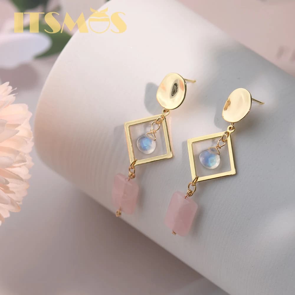 ITSMOS-Boucles d'oreilles pendantes en or 14 carats avec pierre de lune naturelle pour femme, quartz rose, style lumineux, bijoux romantiques, cadeau de fête