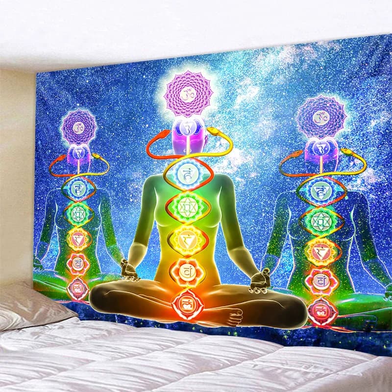Tapisserie Mandala Bouddha Yoga Indien - Décoration Murale Fantaisie de Méditation Sept Chakras Bohème Hippie Sorcellerie Psychédélique pour la Maison