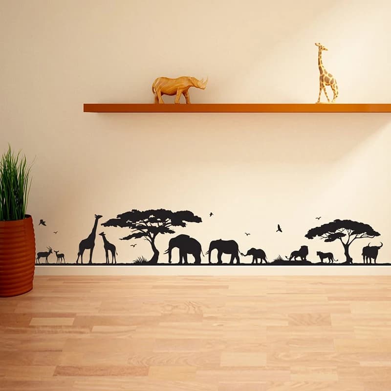 Grand autocollant mural africain pour chambre d'enfant, girafe, tigre, éléphant, arbre, planche de sauna, safari, animaux de la jungle, forêt, décalcomanie