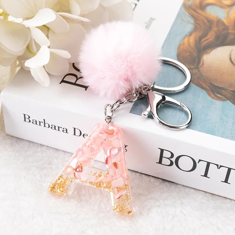 Porte-clés avec pompon rose, 1 pièce, Alphabet anglais, avec boule bouffante, paillettes dégradées, résine, miroir de voiture, breloques pour sac à main
