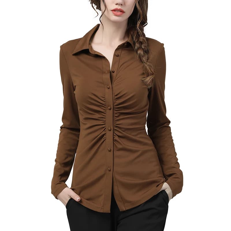 Chemise extensible à manches longues et col polo pour femmes, tunique mince, chemisiers élégants, haut de travail, polyvalent, à la mode, printemps, été