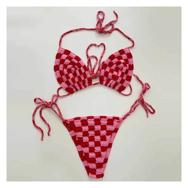 Maillot de bain crocheté à la main pour femmes, ensemble deux pièces, rouge, rose, sexy, à la mode, vêtements de plage