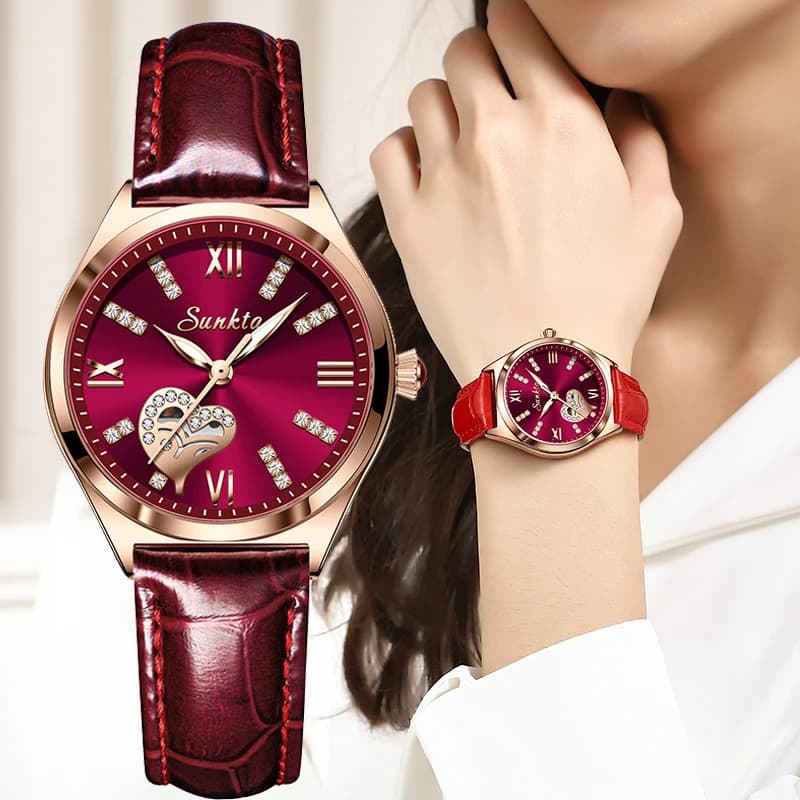 Stalkta-Montre à quartz de luxe pour femme, montres en cuir étanches, horloge pour femme, or rose, vin rouge, nouvelle boîte