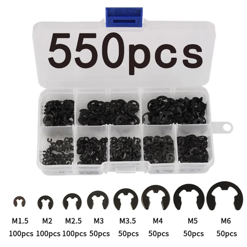 550 pièces e-clip rondelles Circlip joint anneau de retenue sac retenue en forme de boucle Kit de rondelles fendues M1.5 M2 M2.5 M3 M3.5 M4 M5 M6