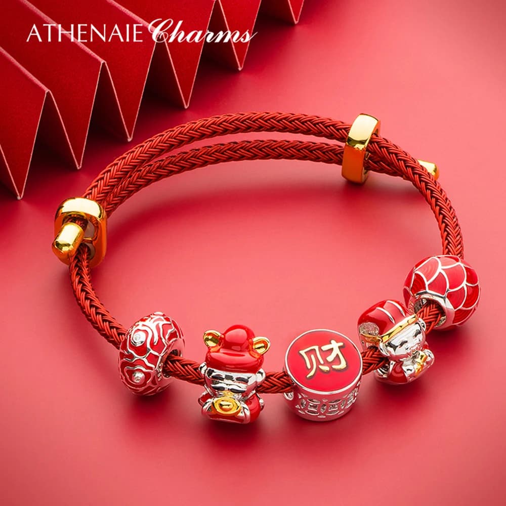 ATHENAIE-Bracelet à breloques en argent regardé 925, émail rouge, porte-bonheur P1, promotion du dieu de la fortune chinoise
