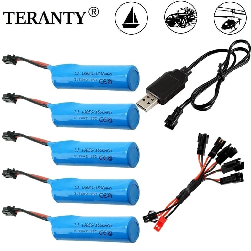 Batterie Li-ion 3.7V 1500mAh 18650 + chargeur pour hélicoptère RC Q85 Q70, avions, voitures, bateaux, jouets, pièces détachées, batterie 3.7V avec connecteur SM
