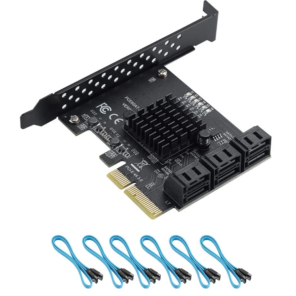 Carte SATA PCIe 4X 1X 6 ports, carte PCIe SATA 3.0 6 Gbps, carte d'extension de contrôleur PCIe vers SATA, sans RAID, avec 6 câbles SATA