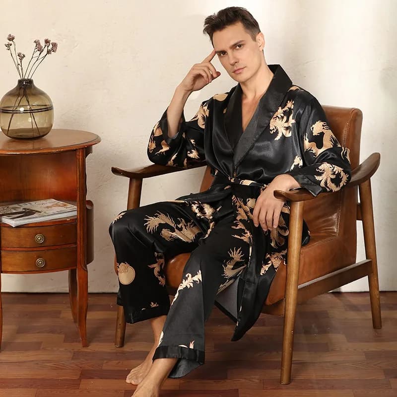 Homme Satin vêtements de nuit Robe & pantalon Dargon pyjamas ensemble imprimer hommes vêtements de nuit Kimono peignoir Robe fausse soie vêtements de salon vêtements de maison