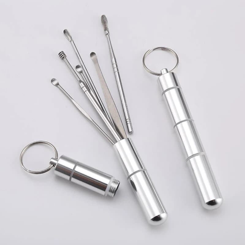 Cuillère à oreille de poche 6 en 1, cure-dents, porte-clés avec bouteille en alliage d'aluminium Portable, ensemble de cure-dents, porte-clés, pendentif réutilisable