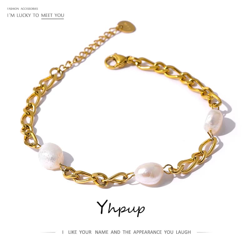 Yhpup élégant Bracelet en chaîne de perles naturelles en acier inoxydable bijoux de mode exquis 18 K métal femmes accessoires étanche