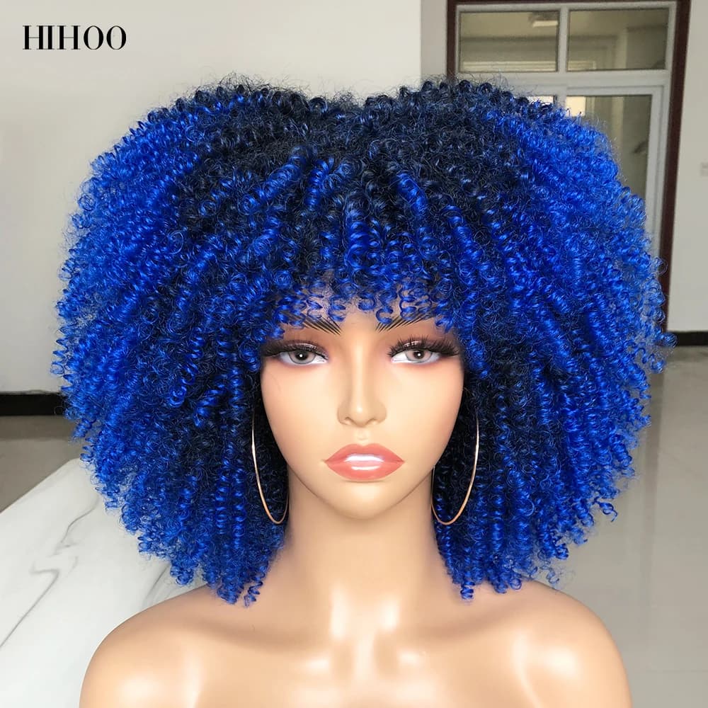 Perruque Afro courte bouclée crépue avec frange pour femmes noires Cosplay Lolita cheveux naturels Ombre mixte brun synthétique perruques africaines