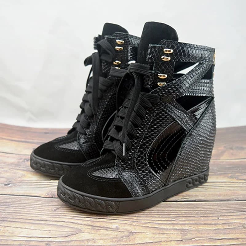 Bottes à semelles compensées en cuir de Crocodile blanc, chaussures décontractées à lacets et semelle en caoutchouc, pour le printemps et l'automne