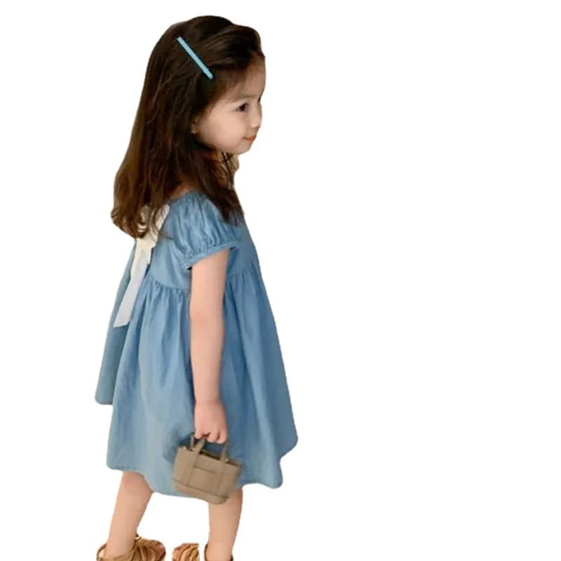 Robe d'été pour filles, avec nœud papillon, col carré, manches courtes, adorable robe de princesse, Style coréen, vêtements pour enfants