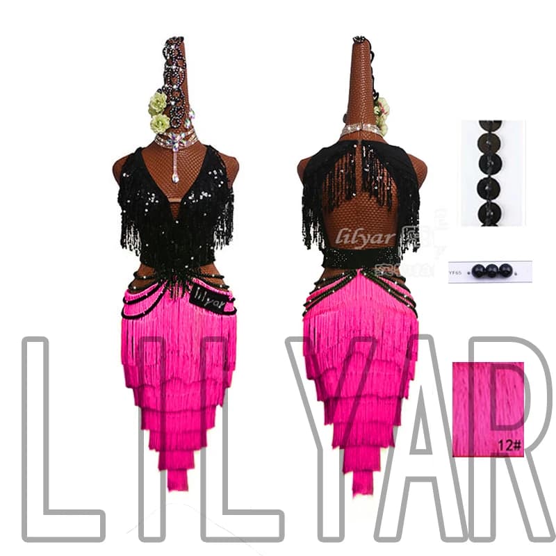 Nouvelle concours de danse latine Performance adulte personnalisé Rose gland perle robe de danse à paillettes