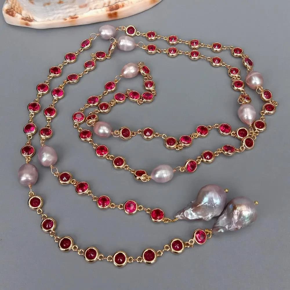 Y.YING-Collier Long Pave JOLong, Perle Keshi Violette de Culture, Po Document Cz, 49"