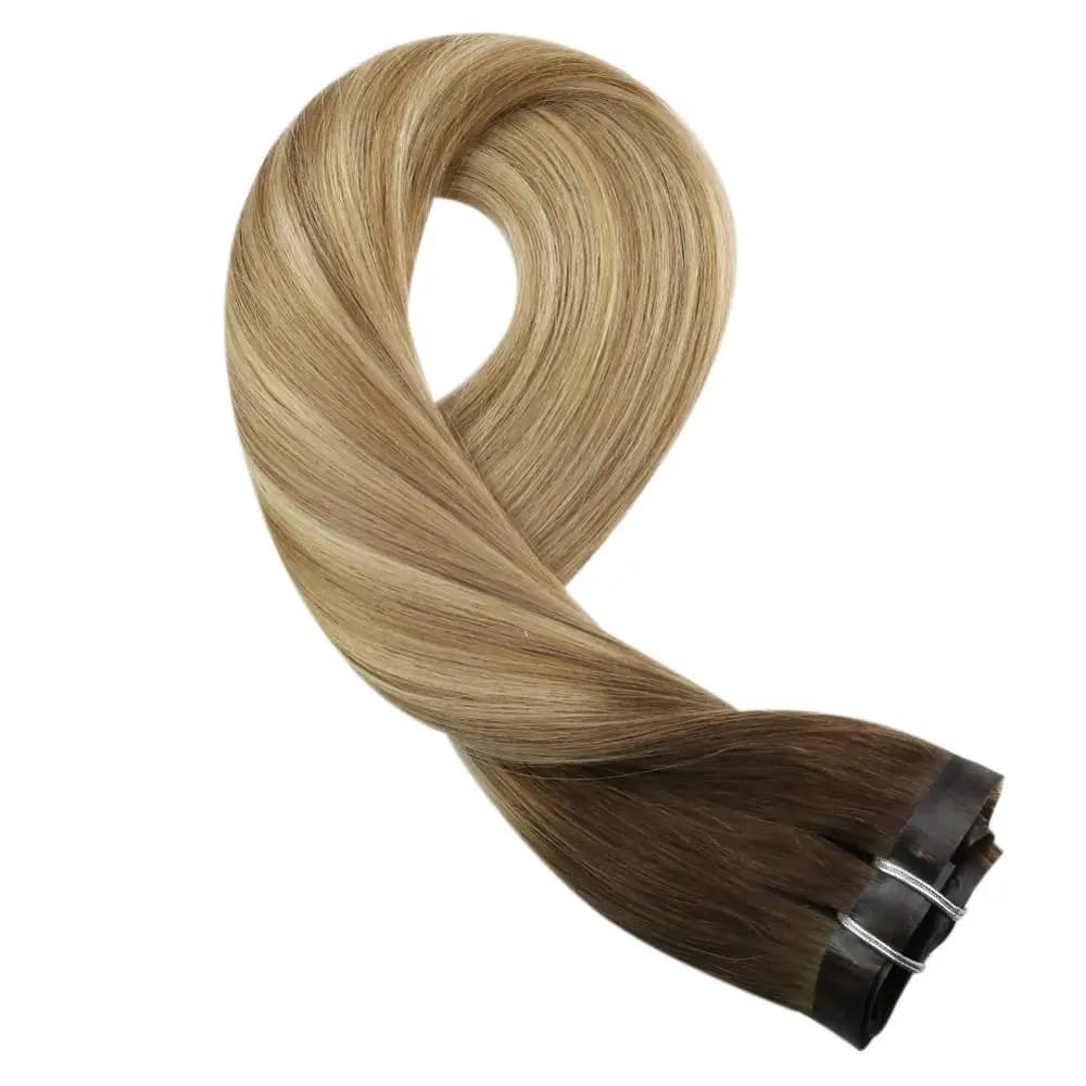 Moresoo-Extensions de vrais cheveux humains à clipser en PU, cheveux Remy droits, sans couture, invisibles, balayage, ombré #3, machine 8/22, naturel, 7 pièces