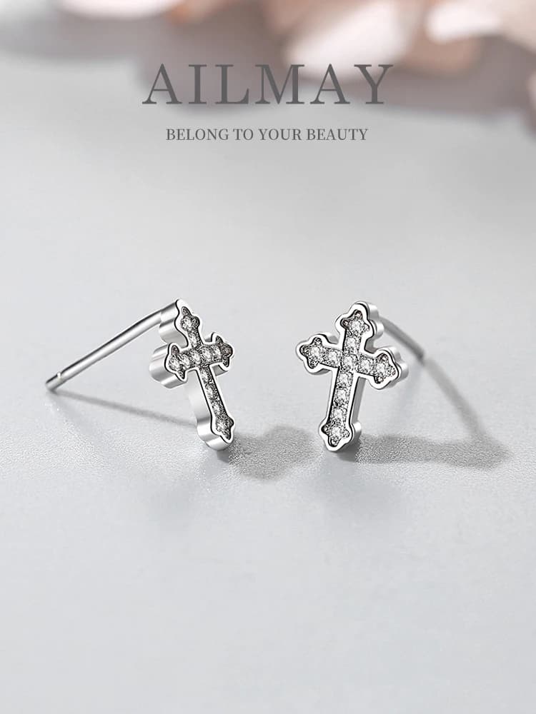 Ailmay-Mini boucle d'oreille en argent regardé 925 authentique pour femme, goujon en forme de croix, épingle d'oreille, bijoux fins, simple, brillant, mignon, mode