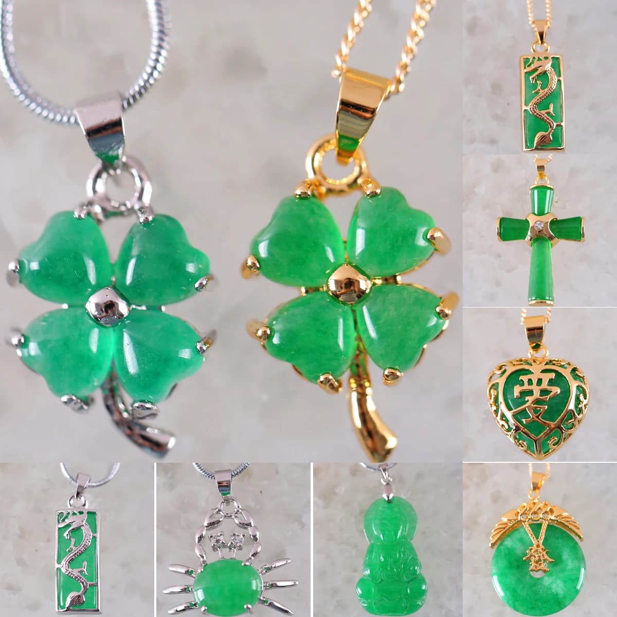 Pendentif en pierre naturelle pour femmes, Jades verts, trèfle à quatre cuir, Animal grenouille, tortue de mer, gemme, collier de perles croisées
