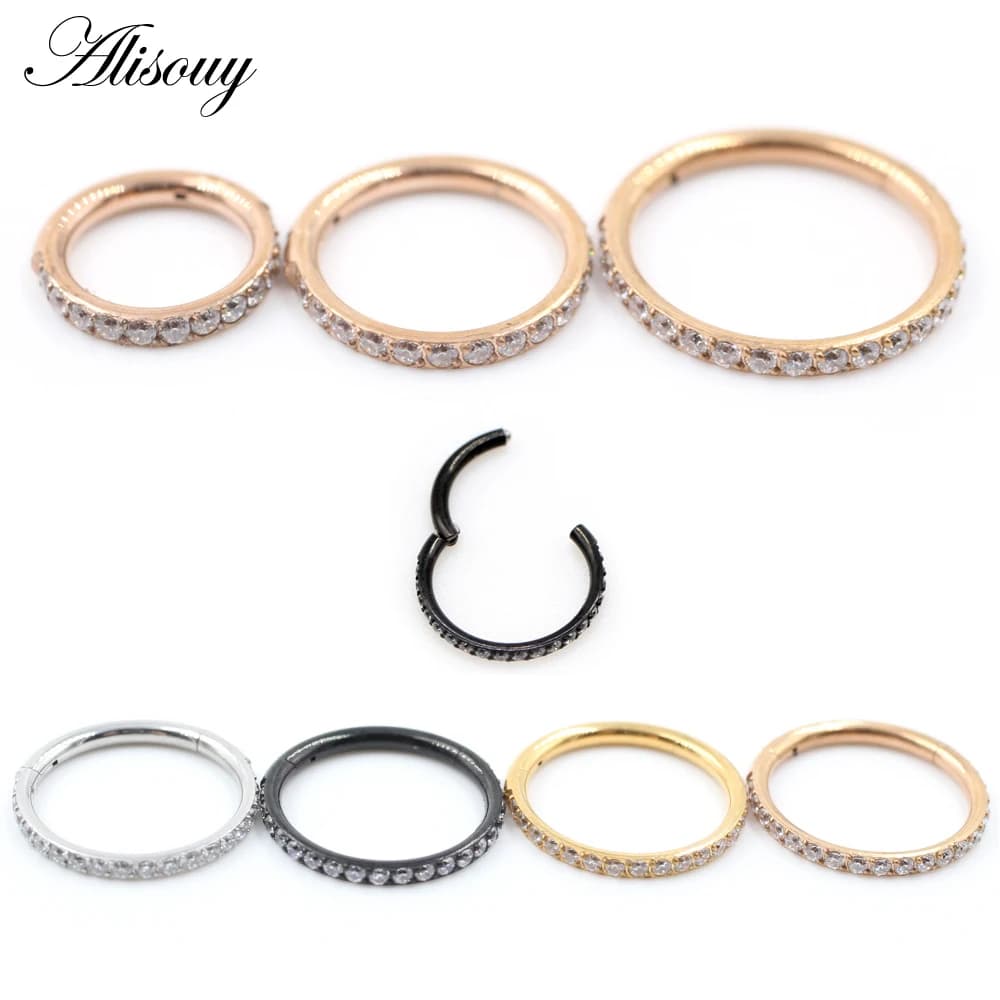 Alisouy 1 pièce Anneau d'oreille en acier chirurgical avec zircon CZ, pour tragus, hélix, cartilage, anneau de septum, clicker, anneau de nez, bijoux de piercing corporel