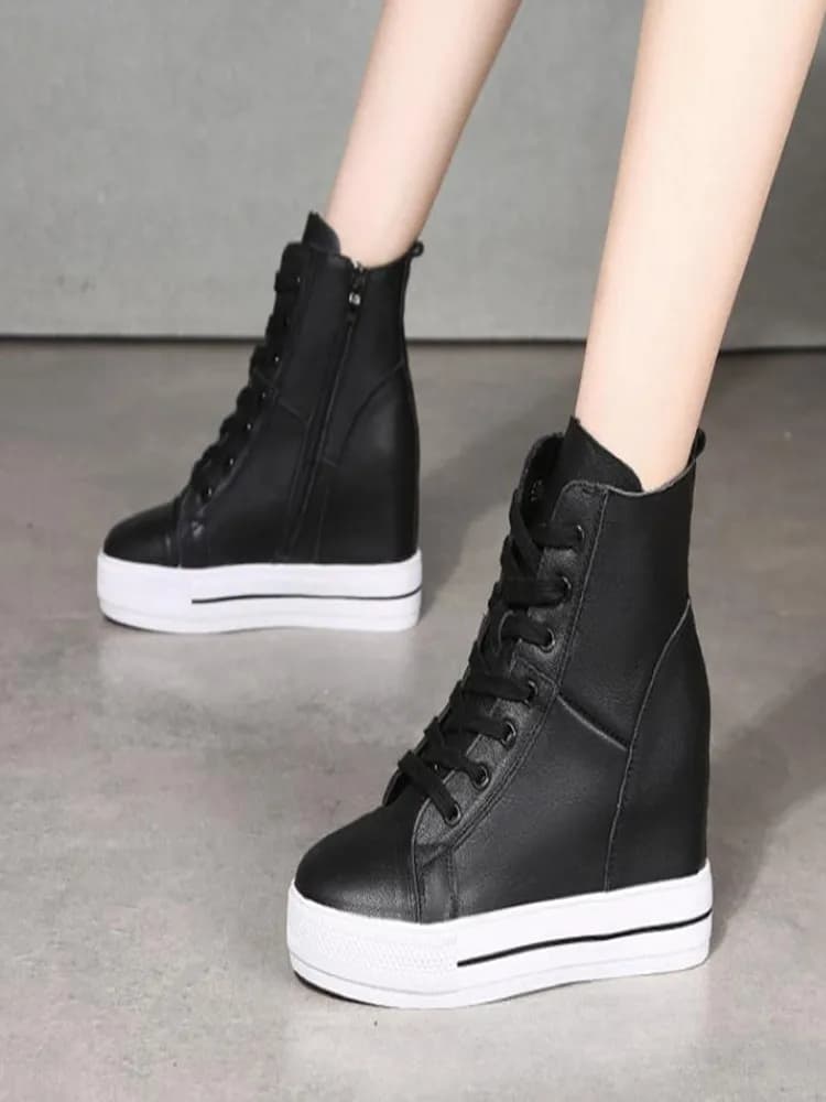 Femmes en cuir véritable 8 cm caché baskets à semelles compensées plate-forme chaussures talons hauts baskets femme chaussures décontractées blanc femmes formateur