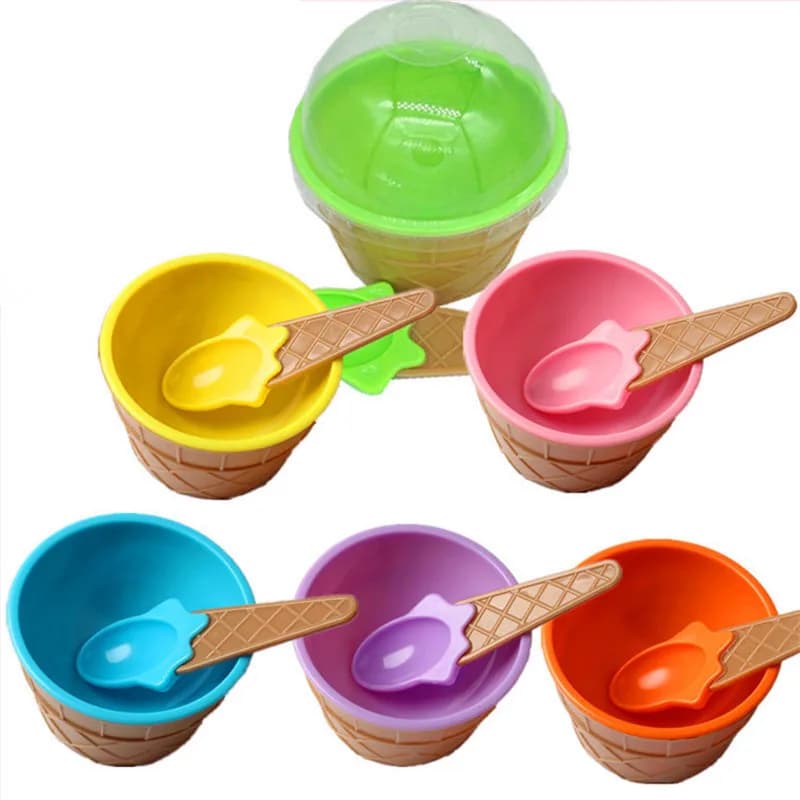 1 ensemble de petits bols à Dessert pour crème glacée colorée pour enfants + cuillère à cône en plastique, accessoire de cuisine pour maison de poupée de Style fête pour enfants