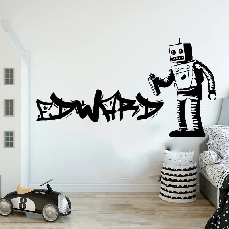 Autocollant mural Graffiti Robot avec code à barres Banksy, nom personnalisé, décalcomanie d'art de rue, salle de jeux pour chambre d'enfants, décoration de maison