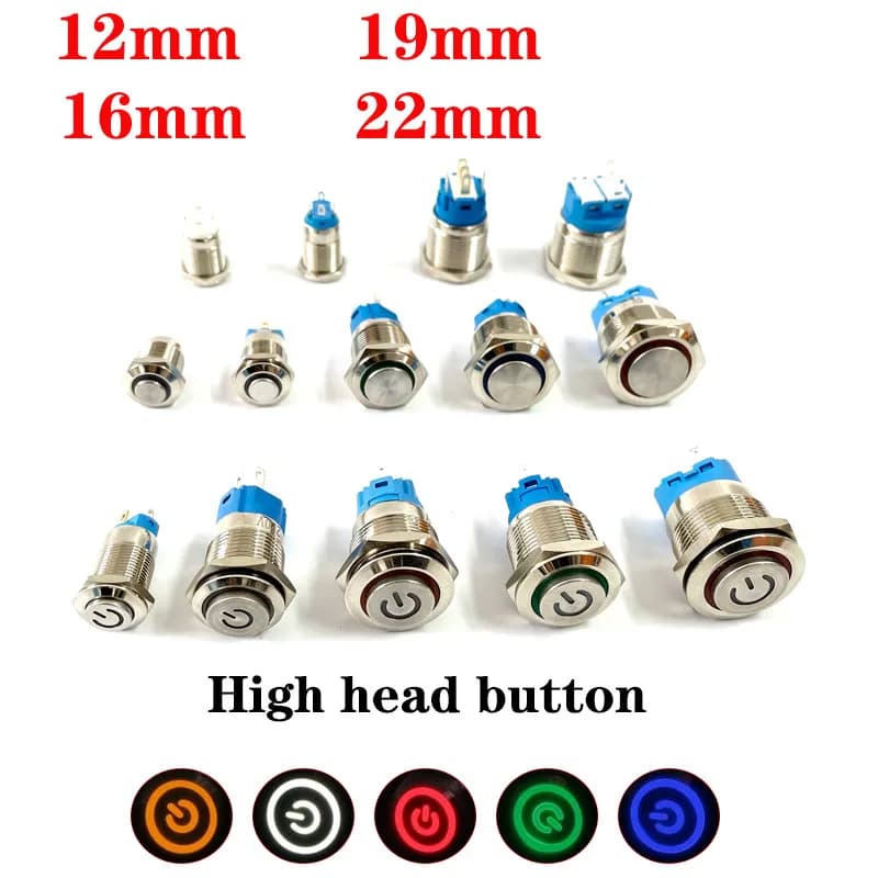 Interrupteur à tête haute en métal, 12/16/19/22mm, bouton d'alimentation, étanche, rond, plat, lumière LED, auto-verrouillage, réinitialisation automatique