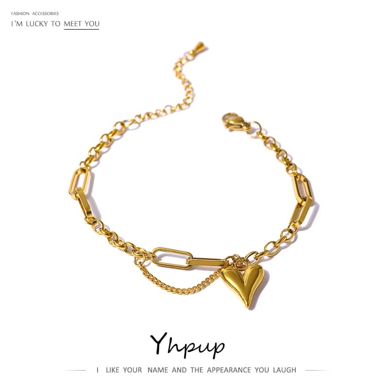 Yhpup – Bracelet Double couche en forme de cœur, tendance, en acier inoxydable, Texture métallique, bijoux à breloques élégants, браajiты жletiе, cadeau d'été