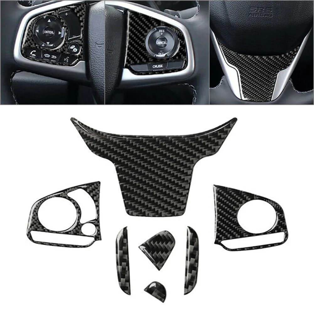 Garniture d'autocollant de volant intérieur en fibre de carbone, accessoires de style de voiture, Honda Civic 10th, 2016, 2017, 2018, 2019, 7 pièces