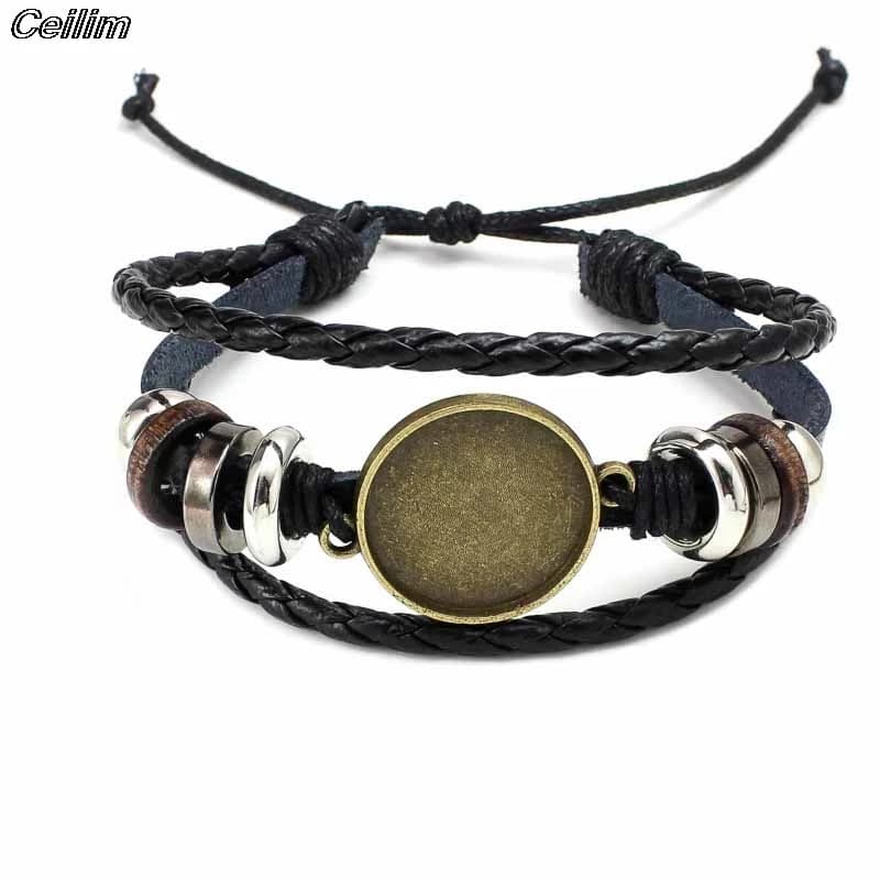Bracelet manchette en cuir Antique, 10 pièces, rond, Photo, Cabochon en verre, Base de réglage, plateau de lunette, fabrication de bijoux vierges