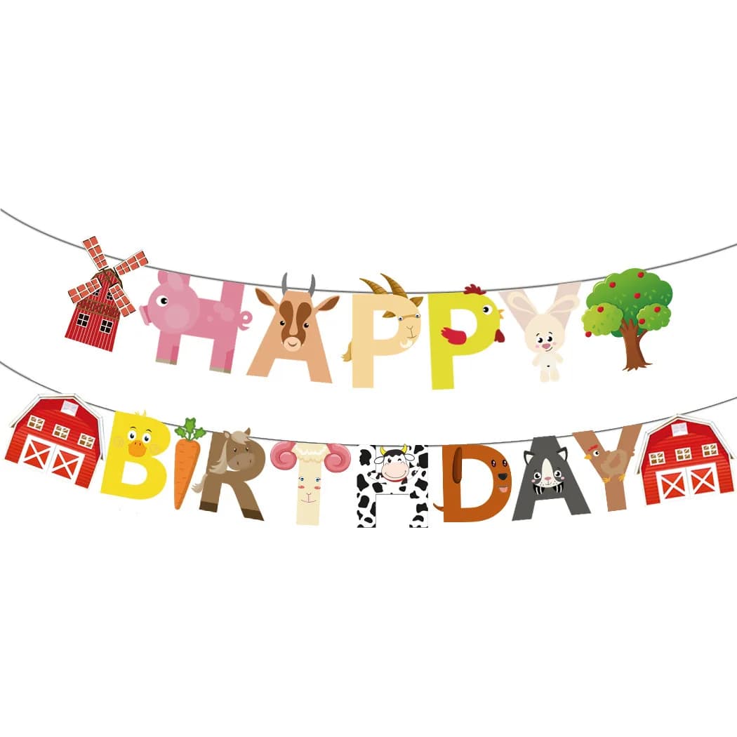 Bannière de lettrage Joyeux Anniversaire sur le thème de la ferme, drapeau à tirer, décoration pour la fête des enfants, baby shower, grange, moulin à vent, animaux