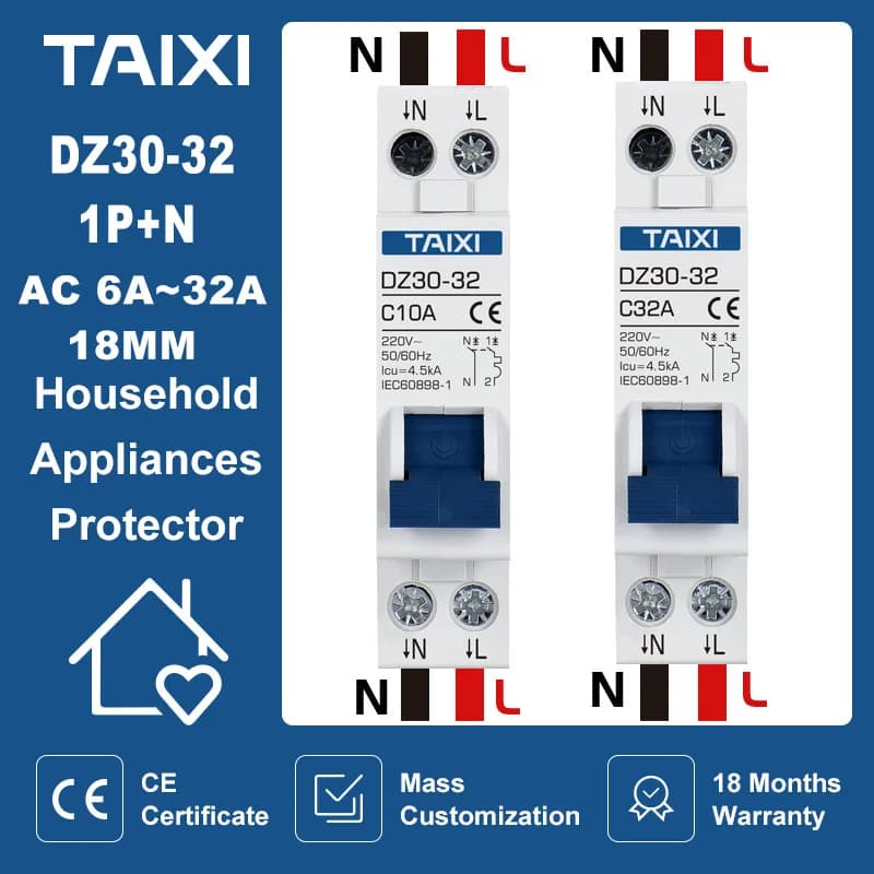 Mini disjoncteur DZ30 DPN MCB AC220V 6A 10A 16A 20A 25A 32A, interrupteur d'air, Protection contre les surcharges et les courts-circuits