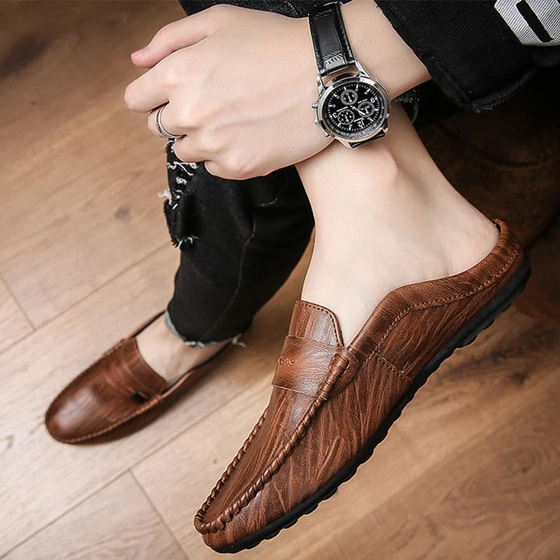 Pantoufles d'Niken Cuir pour Homme, Mocassins, Souples, Confortables, Noires, Plates, pour Chambre à Coucher, Printemps