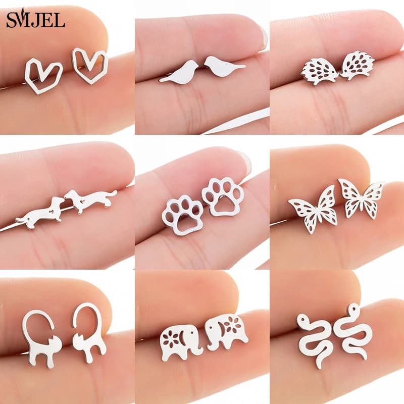 Petites boucles d'oreilles en acier inoxydable pour femmes et filles, animaux noirs, patte de chien, abeille, chat, serpent, hérisson, Piercing, bijoux cadeaux, nouvelle collection