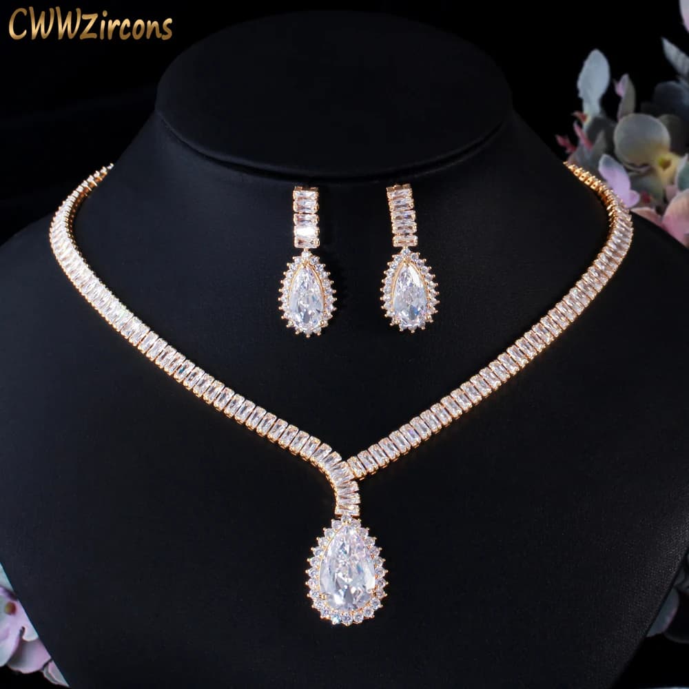 CWWZircons – ensemble de boucles d'oreilles et collier de mariage, goutte d'eau, zircon cubique africain, dubaï, couleur or, bijoux de Costume pour femmes, T524