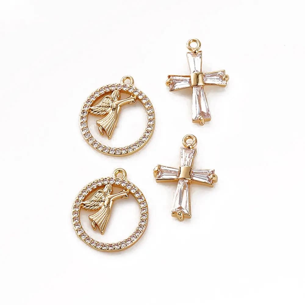 Collier pendentif croix ange en Zircon, breloques pour la fabrication de bijoux, boucles d'oreilles DIY, accessoires en laiton plaqué or 14k, 2 pièces
