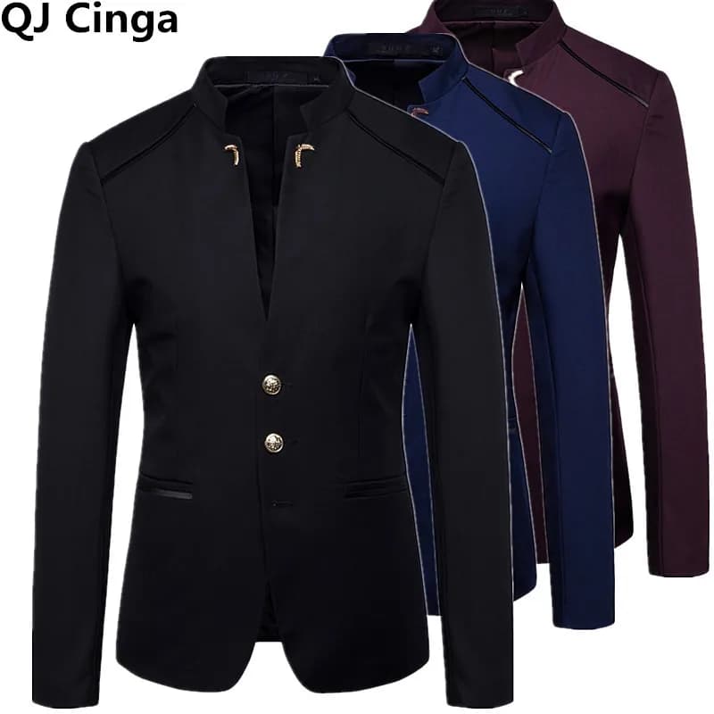 Manteau blazer noir à col montant pour hommes, veste de robe de soirée de mariage, veste à simple boutonnage cintrée de tailles asiatiques, hauts rouges bleus.