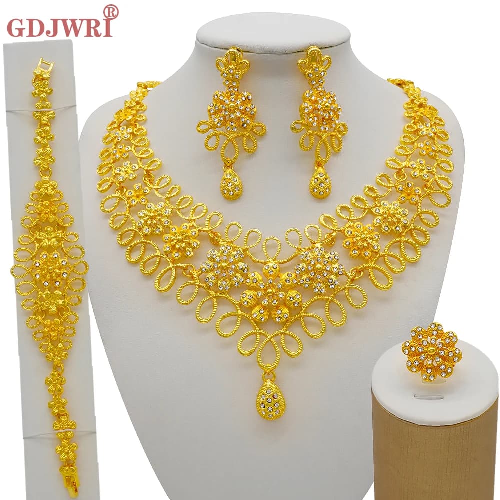 Parure de bijoux en or de Dubaï, motif floral, pour femmes, cadeau de mariage africain, pour fête, comprenant bracelet, collier, boucles d'oreilles et bague