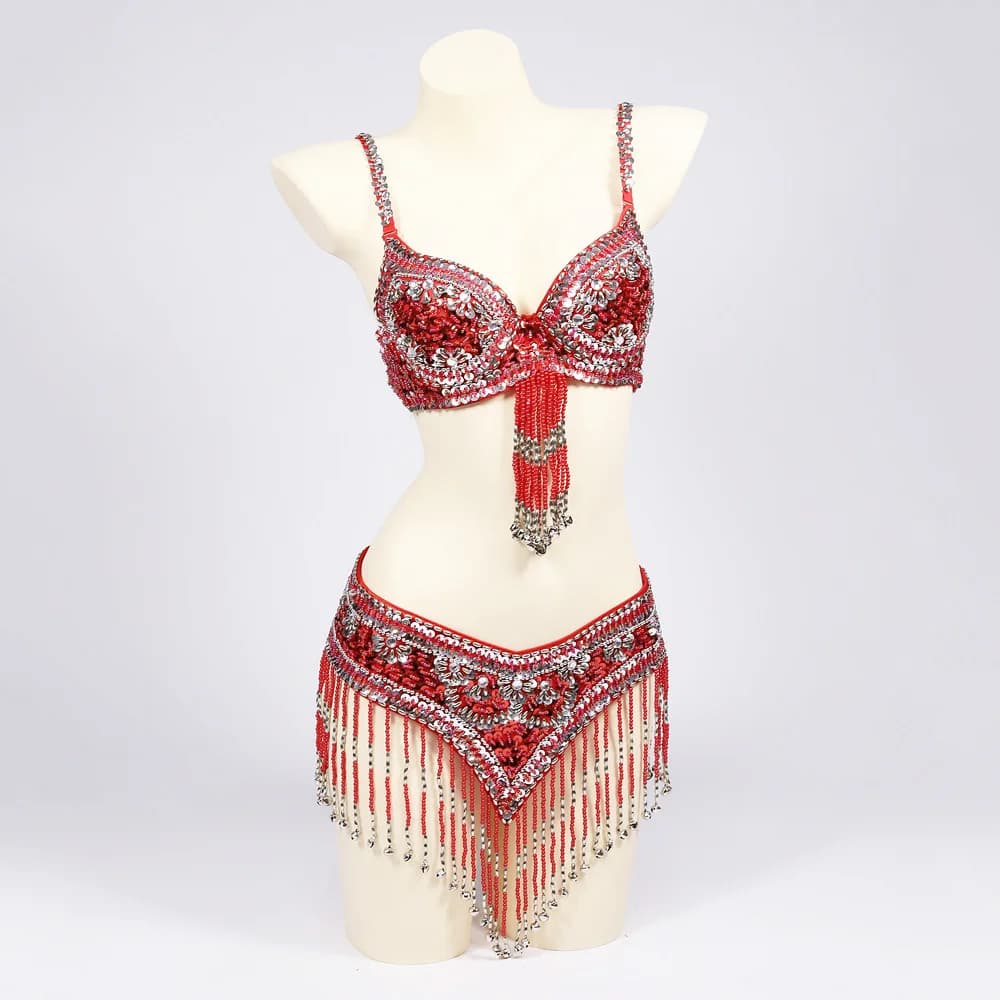 Costumes de danse du ventre avec broderie de perles pour femmes, ceinture à franges, vêtements de festival, soutien-gorge financièrement
