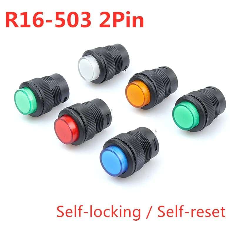 5 pièces R16-503 Interrupteur à bouton-poussoir, mode Jog, réinitialisation, autobloquant, rond, 2 broches, 16 mm, sans lumière