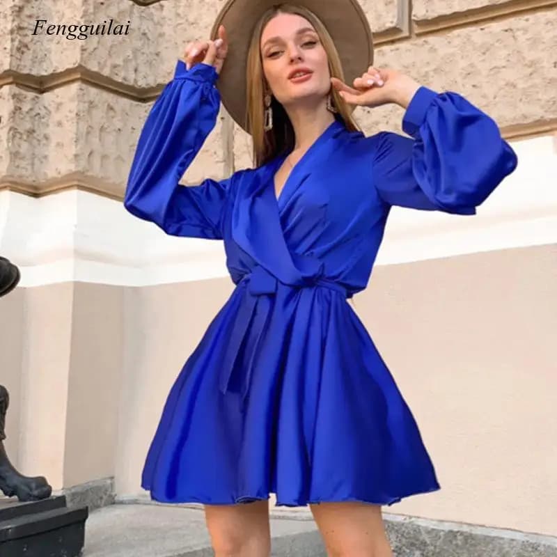 Robe sexy pour femmes, manches lanternes, taille haute, ourlet coulissant en satin, robe de soirée portefeuille