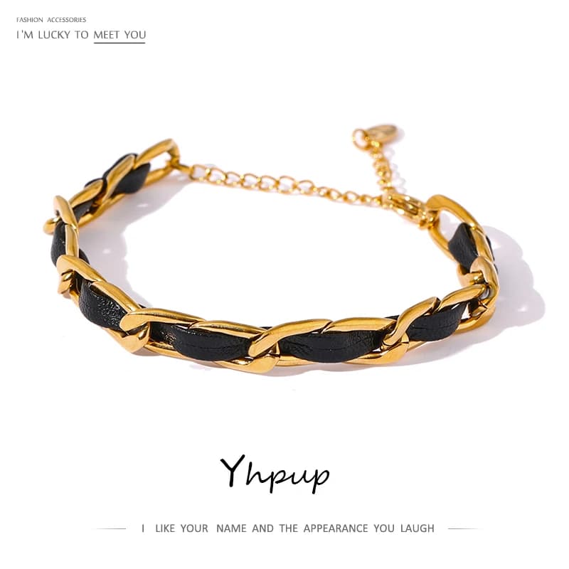 Yhpup Bracelet chaîne en cuir à la mode Bijoux en acier inoxydable Texture métallique 18 K déclaration pour femmes Bijoux Femme mode hommes nouveau