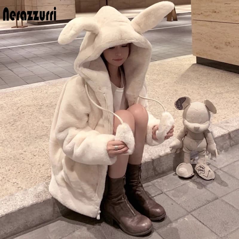 Nerazzurri – veste moelleuse de printemps avec oreilles de lapin, manches raglan, fermeture éclair, surdimensionnée, légère et douce, style Harajuku Kawaii, fausse fourrure, 2021