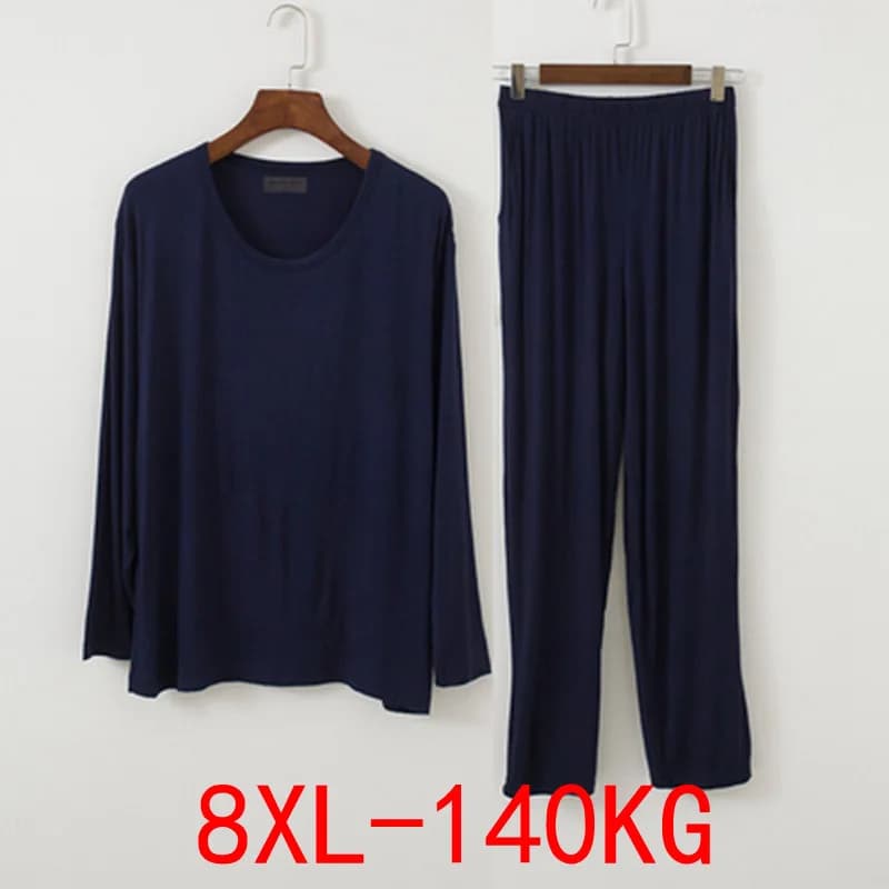 Pyjama en coton Modal pour hommes, ensemble de grande taille 7XL 8XL, manches longues, pantalon de pyjama décontracté, col rond, haut ample et pantalon Long